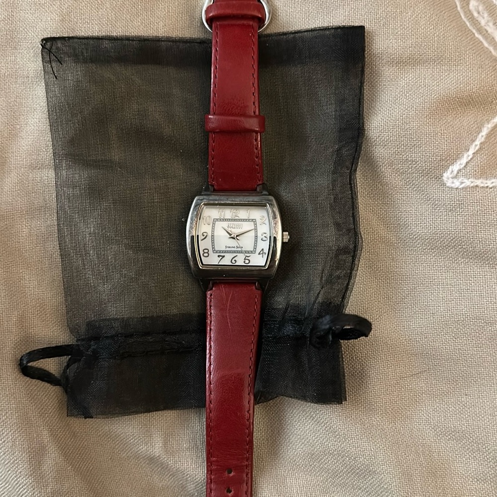 Ecclissa sterling silver watch w/ leather maroon band quartz movement vintagege